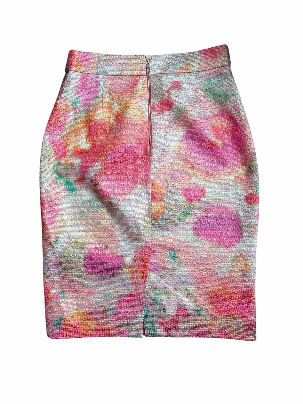 Kate Spade Floral Pencil Skirt Size 2 Metallic Tweed Watercolor Pink Gold NWOT